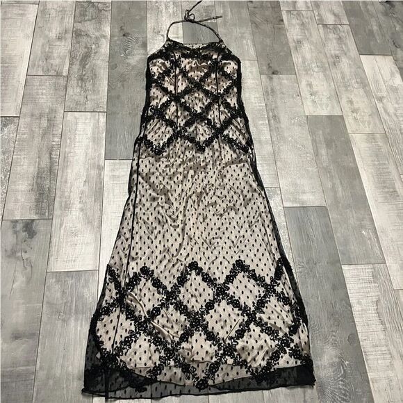 V90s Sue Wong Nude Black Whimsigoth Mesh Beaded Glam Halter Slip Maxi Dress 6 - Picture 1 of 12